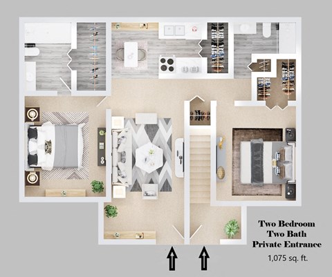 Floor plan for 2 beds, 2 baths, 1075 sqft